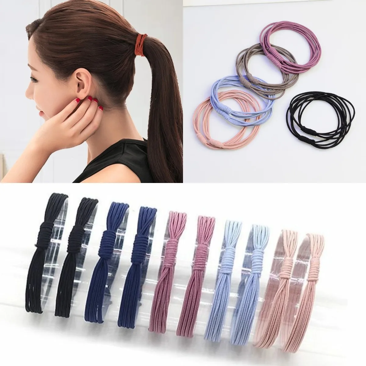 10Pcs Women Colorful 4 in 1 Knot Elastic Hair Rubber Band Fashion Girls Simple Hair Tie Hair Accessories Headband Wholesale