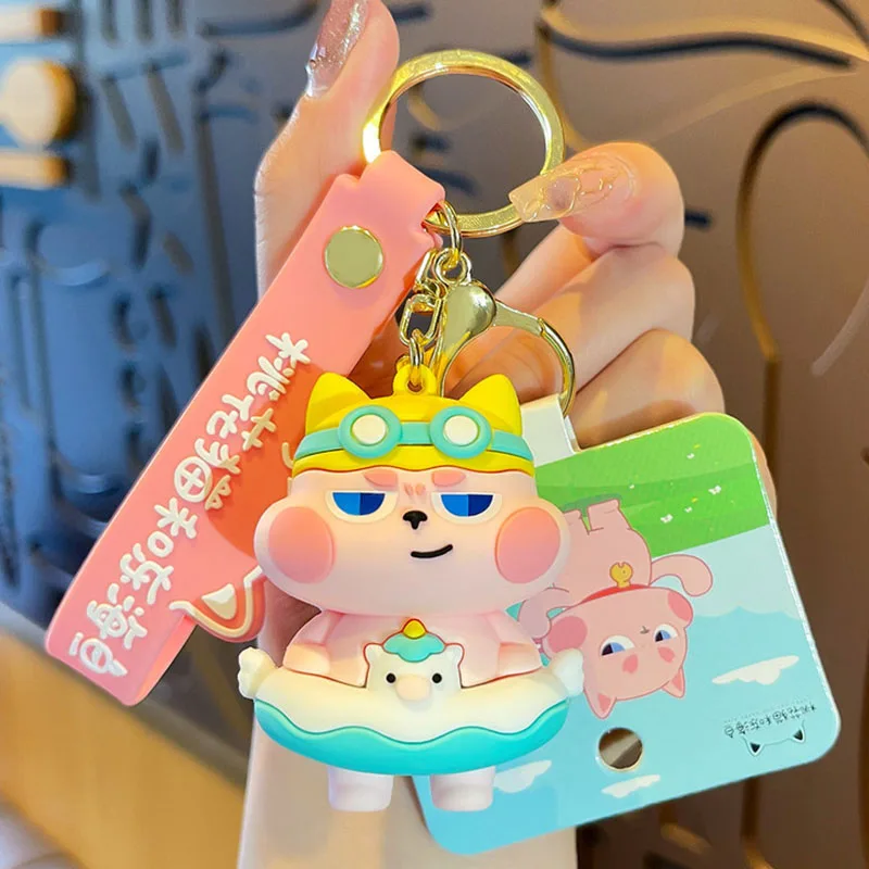 Cute Taekwondo Peach Blossom Cat Animal Key Chain East Sea Fish Surfboard Swimming Ring Cat Doll Keychain Pendant for Women Bag