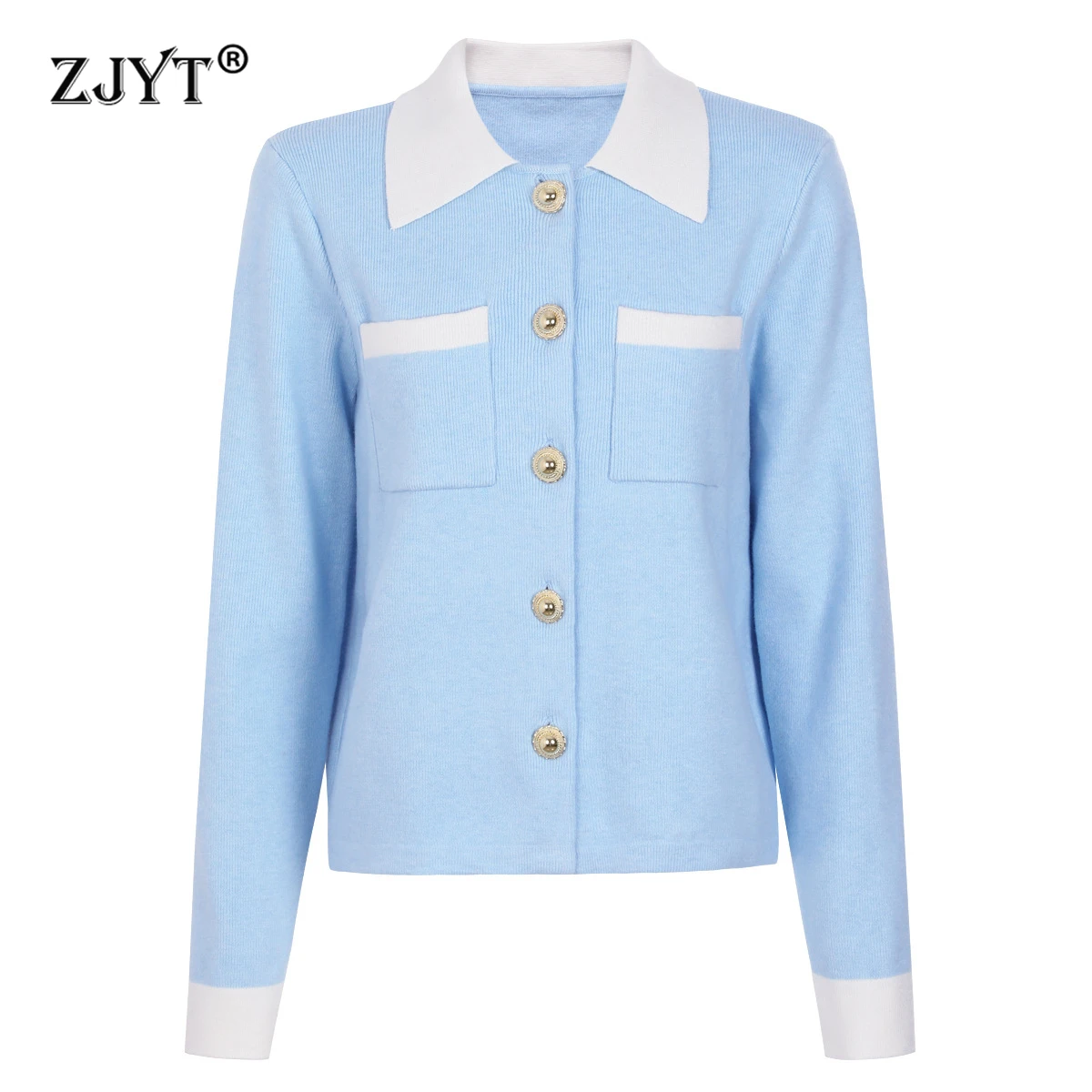 

ZJYT 2026 New Spring Fashion Long Sleeve Knitted Cardigans Sweaters for Women Turn Down Collar Hit Color Casual Knitting Tops