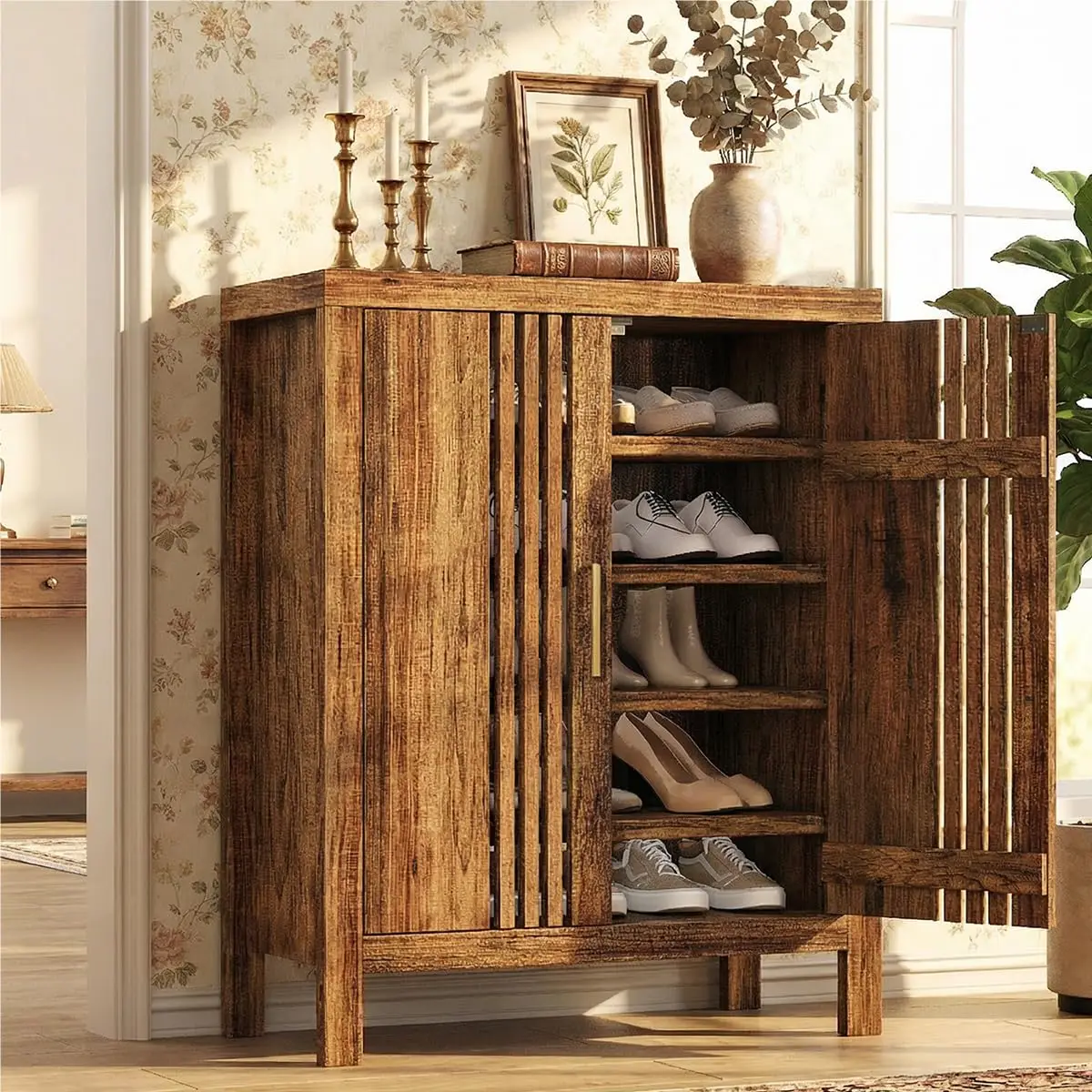 Shutter Door 5-Tier Shoe Cabinet Adjustable Shelves Wooden Entryway Organizer Hallway Living Room Freestanding Walnut,Customized