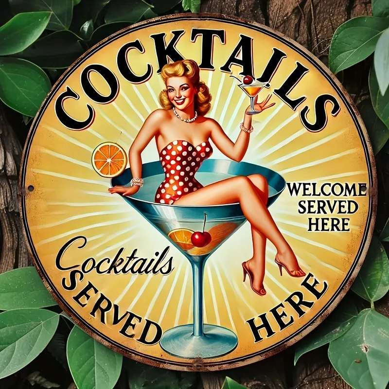 Panneau en métal 2D plat et vintage pour cocktails servés ici, 20,32x20,32 cm, art mural rond en alu