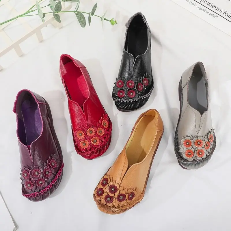 Spring New Real Leather Shoes Women's Ballet Flats Floral Moccasins Ladies Vintage Luxury Loafer Women's Shoes Elderly Mom Shoe