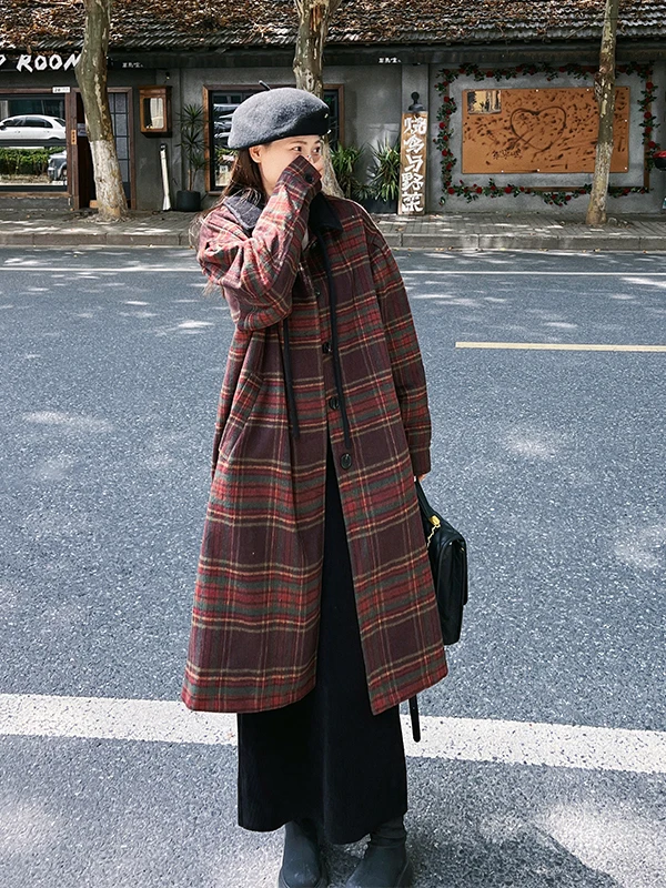 

Корейское ретро-пальто из хлопка и шерсти в клетку, женское длинное осенне-зимнее новое элегантное твидовое пальто прямого кроя для повседневной носки