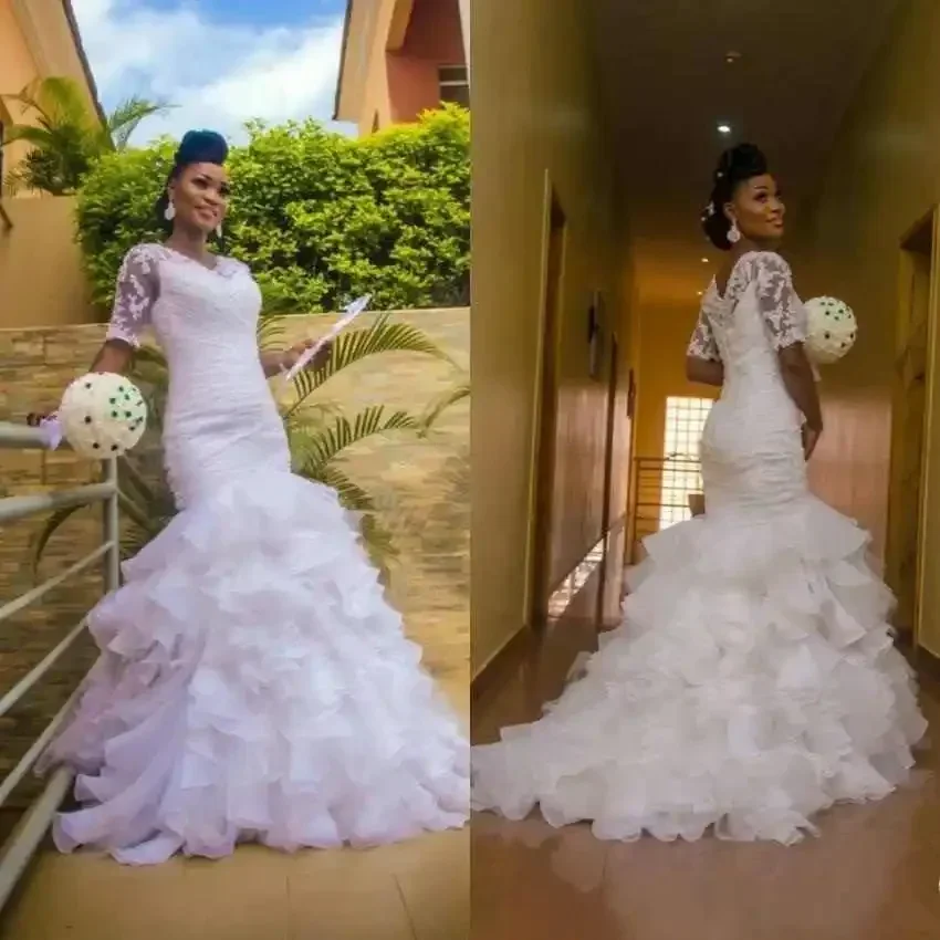 تخصيص نصف الأكمام حجم كبير فستان الزفاف العربي فتاة سوداء المتدرج تول طبقات زي العرائس 2025 Vestidos De Novia