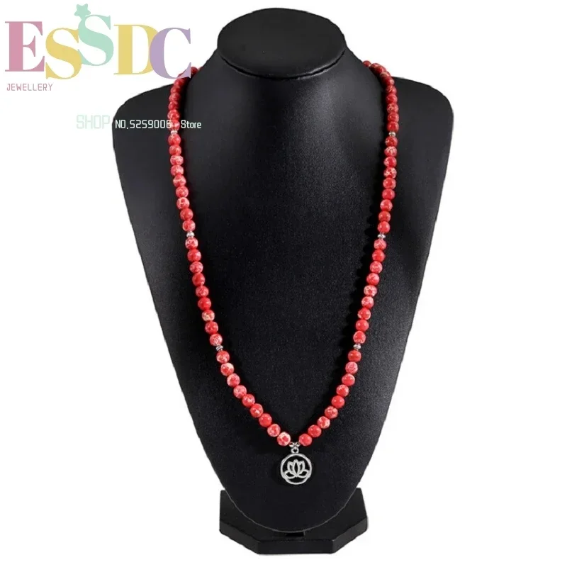 Drop Shipping New Arrival 8mm 108 Natural Red Emperor Stone Beads Bracelet or Necklace Yoga Lotus Pendant Women Summer Jewelry