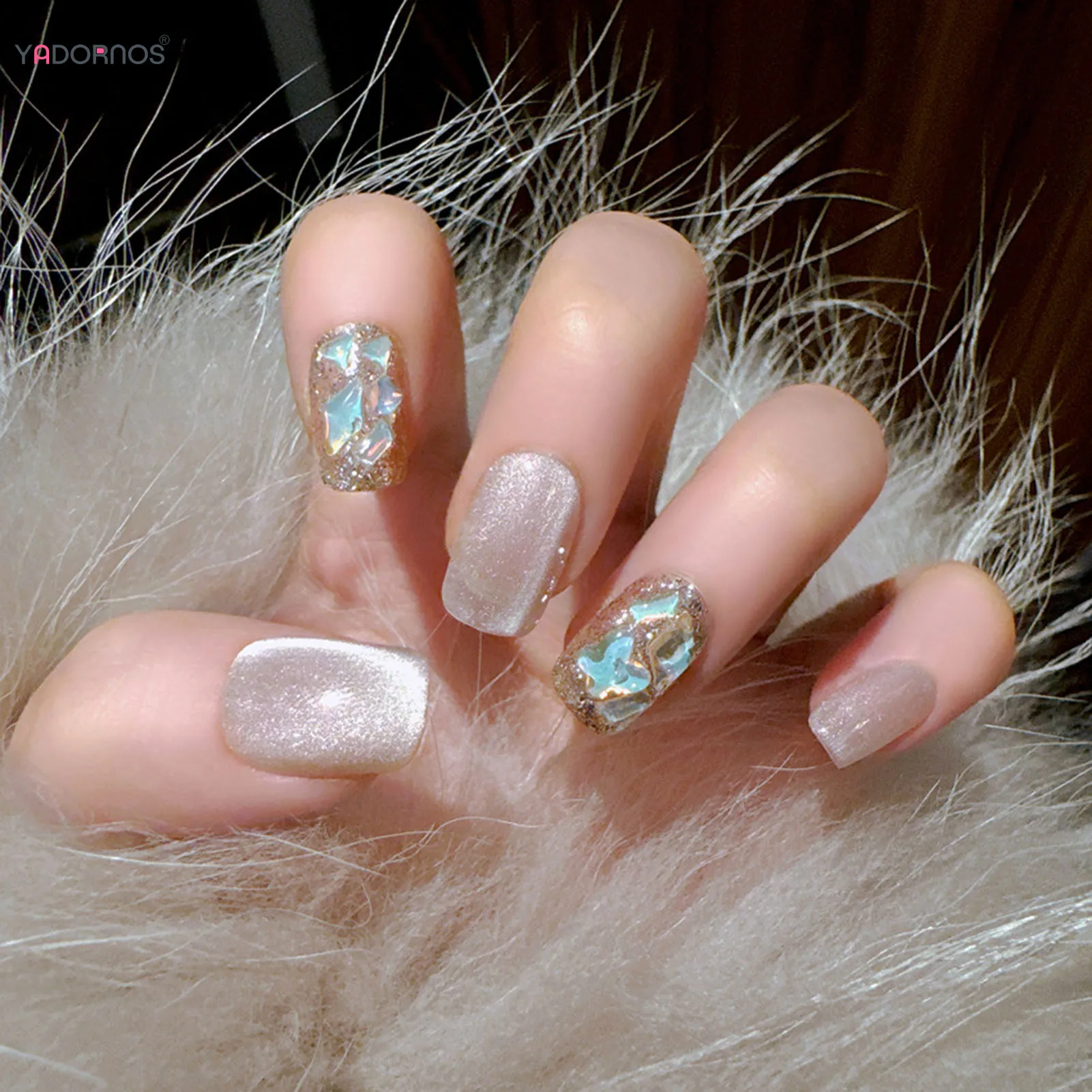 Nackte Farbe gefälschte Nägel handgemachte quadratische Kopf presse auf Nägel Katzenaugen Glitzer Strass entworfen tragbare falsche Nägel Spitzen