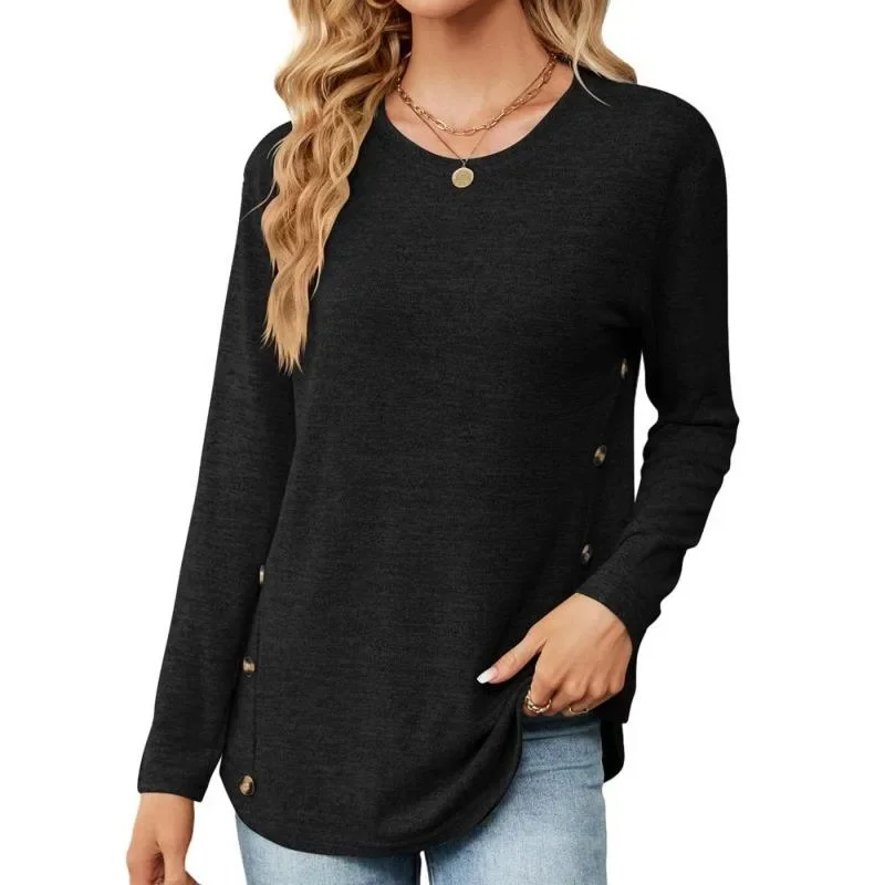 

Большие размеры 1XL-5XL, новые повседневные женские топы с круглым вырезом и длинными рукавами, свободные блузки на пуговицах ﻿