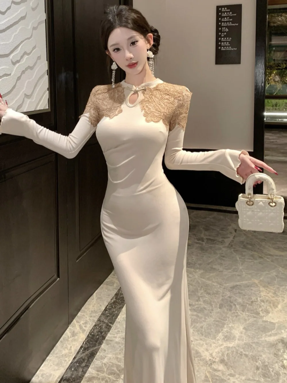 

Ele Chinese Sle Long Sve кружевное лоскутное платье Ципао с завязкой на талии облегающее облегающее платье на осень-зиму