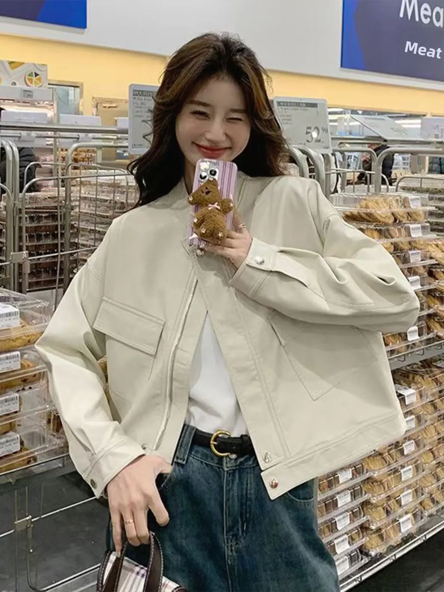 Damska skórzana kurtka wiosenno-jesienna, nowa, uniwersalna, luźna, w stylu motocyklowym.