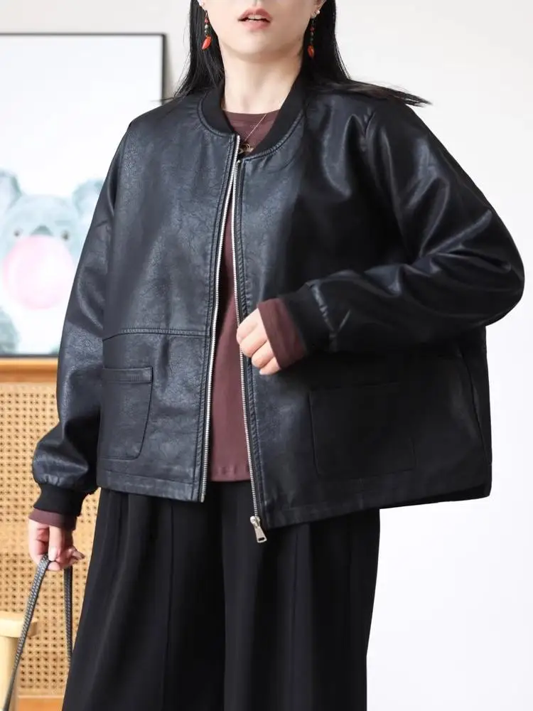 

Новая весенняя свободная куртка из искусственной кожи с воротником-стойкой, женская одежда Art Slim Long Sve ort, верхняя одежда, модная мотоциклетная одежда