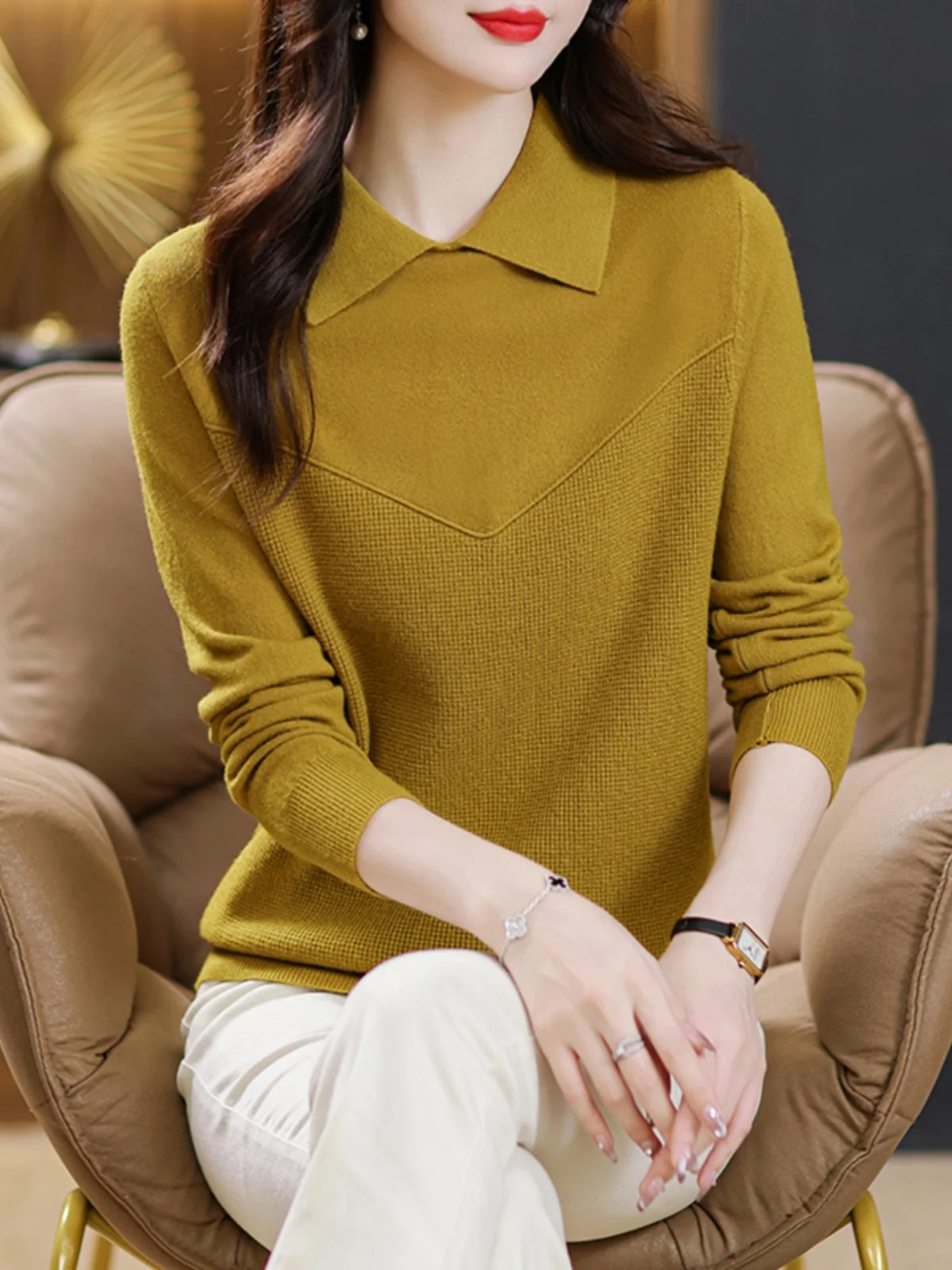 

Женский вязаный шерстяной свитер с воротником, весенне-осенний модный топ, трикотаж для мамы, кукольный воротник, основа irt, корейский длинный S...