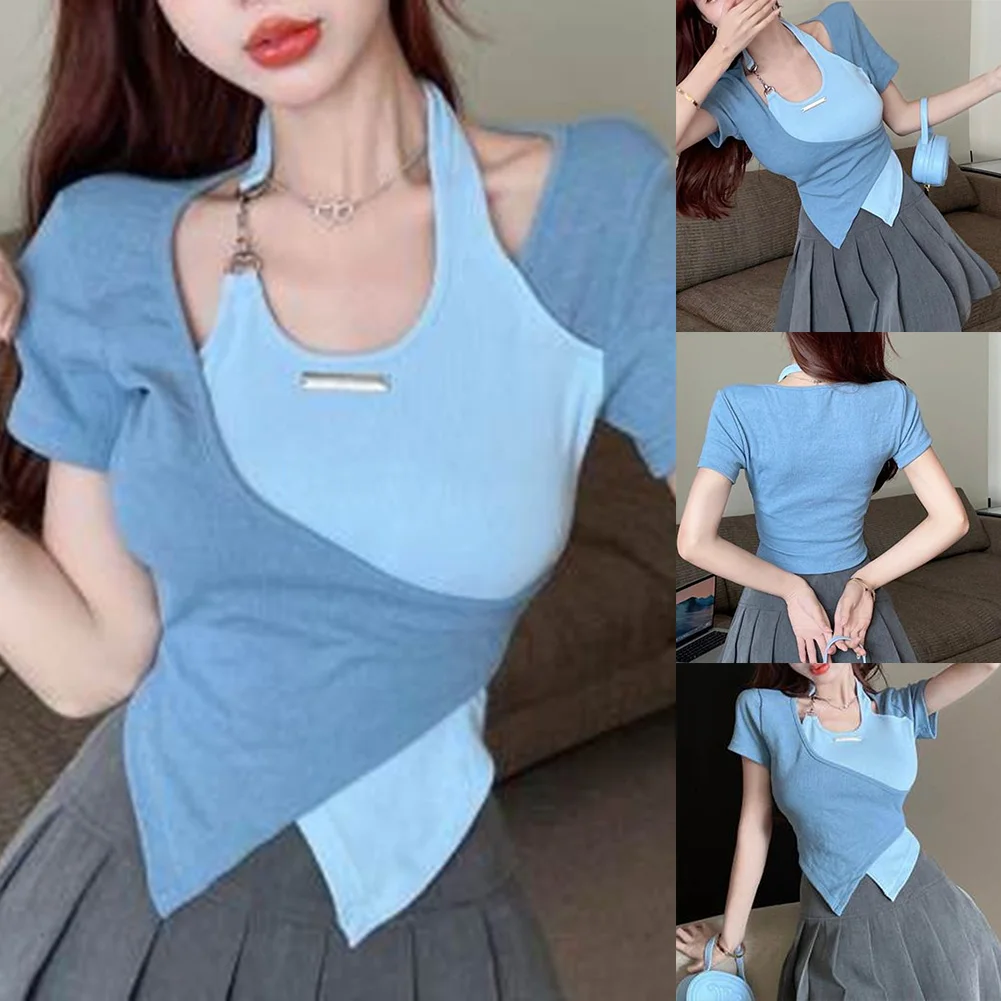 Casual Summer Wear Halter Neck Top Daily Casual Style Contrasting Colors T-shirt Slightly Elastic Versatile Casual