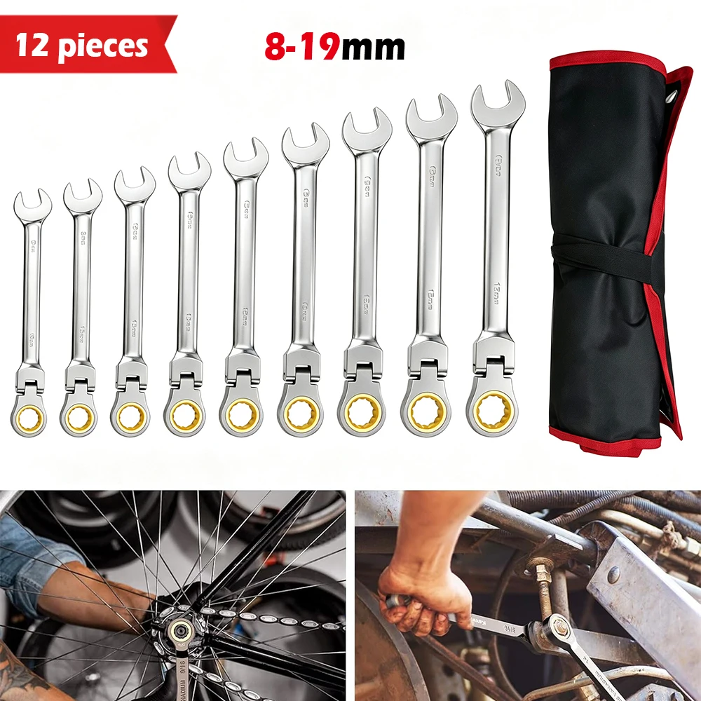 12Pcs Ratcheting Wrench Set, 72 Teeth Ratchet Combination Wrenches Cr-V Steel, 8-19mm, Black Nickel Handle with Golden Ratchet
