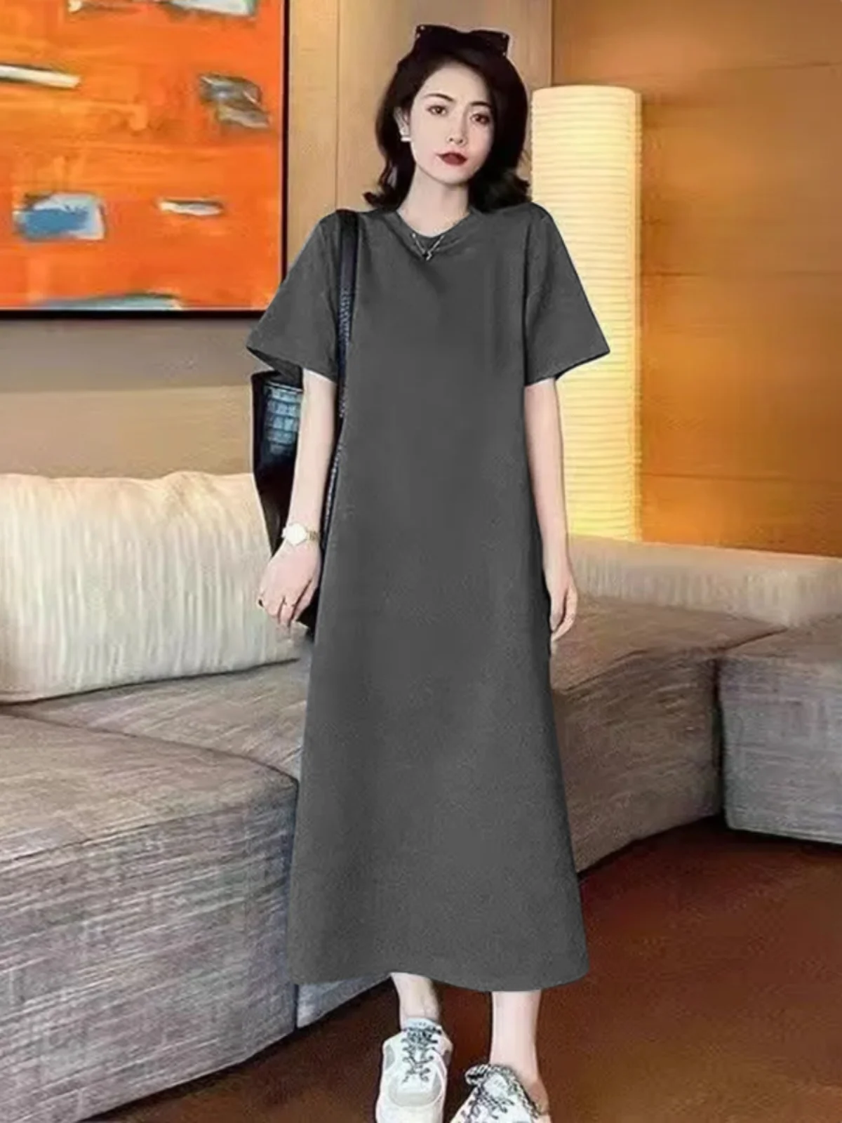 Grande taille ort Sve coton Dr femmes été ample décontracté mi-long genou-dessus T-shirt Dr h-ape coréen Sle