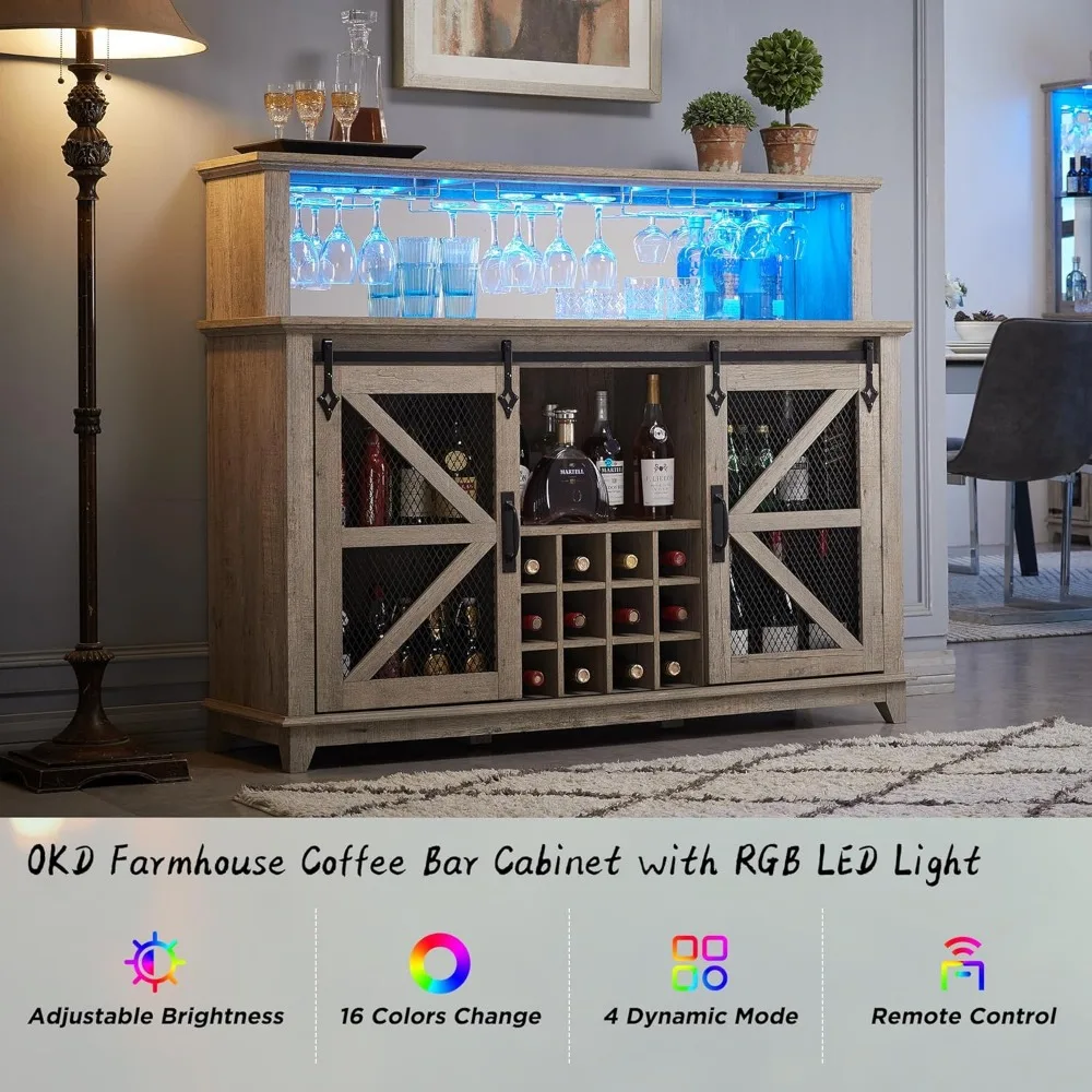 Farmhouse Coffee Bar Cabinet with LED Lights, 55" Wine Bar w/Sliding Barn Door & Wine and Glass Rack, Kitchen Buffet Cabinet w/