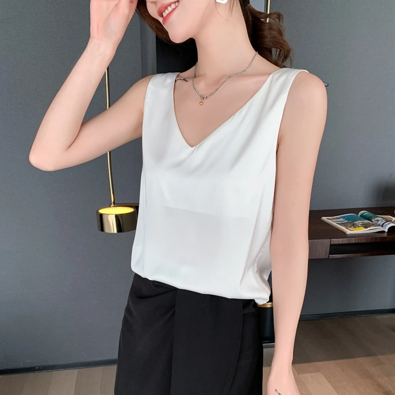 Ladies Silk Suspenders Solid Satin Vest Spring Autumn 2022 New Wild Pullover Tops Women Interior Front/Rear V-Neck Summer Thin