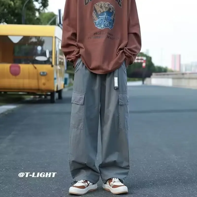 Celana kargo Vintage Amerika CELANA JOGGER kaki lebar longgar lurus kasual celana lipat Paratrooper Fashion Korea pria Sweatpants Y2k