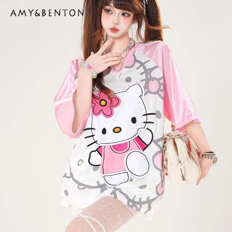 

American Style Sweet Cute Short Sleeved T-shirt For Women's Summer Loose Slimming Pink Top Casual Kawaii Tshirt Pullovers Ladies