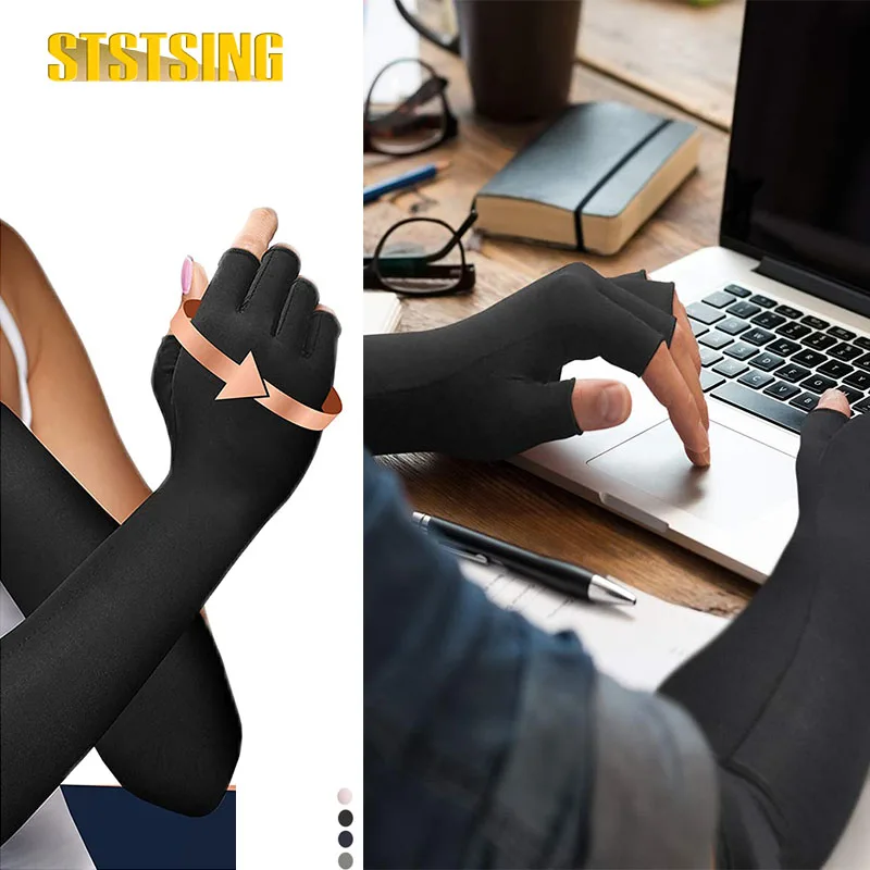 1 Pair Long Arthritis Gloves - Copper Infused Extra Long Fit Compression Glove for Women & Men Computer Typing,RSI,Support Hands