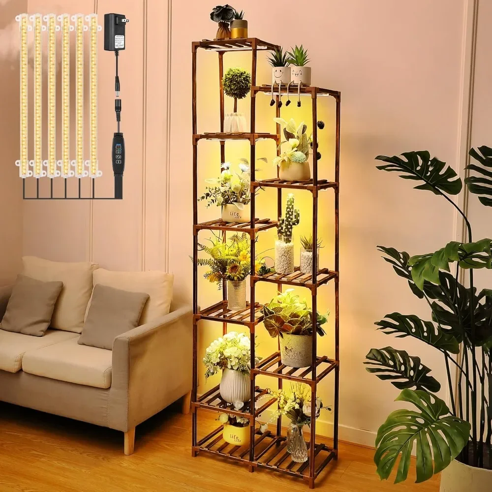 10 Tier Plant Stand with Grow Lights, Full Spectrum Grow Lamp for Indoor Corner, 11 Potted Wood Multiple Tiered Plant Pot Stand