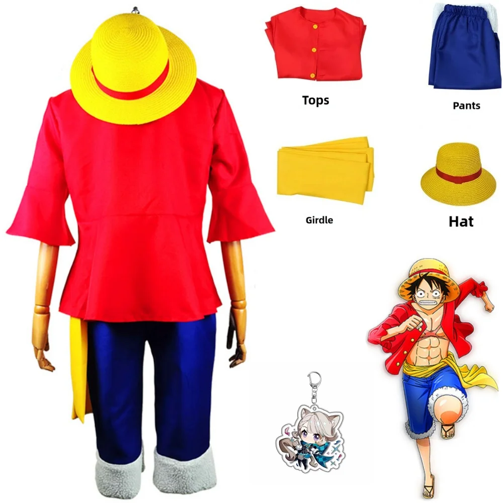 Anime Luffy Cosplay Traje Com Hoodie De Palha Para Meninos Halloween Carnaval Uniforme Casaco Calças Cinto Conjunto Completo