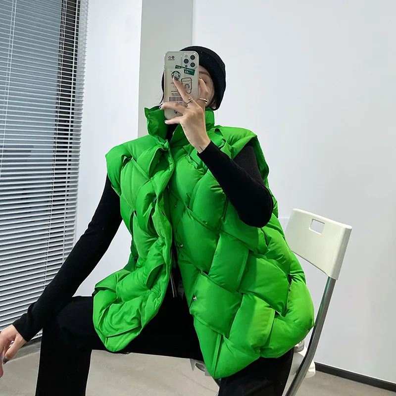 Tecido de malha feminina fofo para baixo casaco feminino inverno mais grosso quente para baixo colete parkas oversized sem mangas jaqueta coreano novo