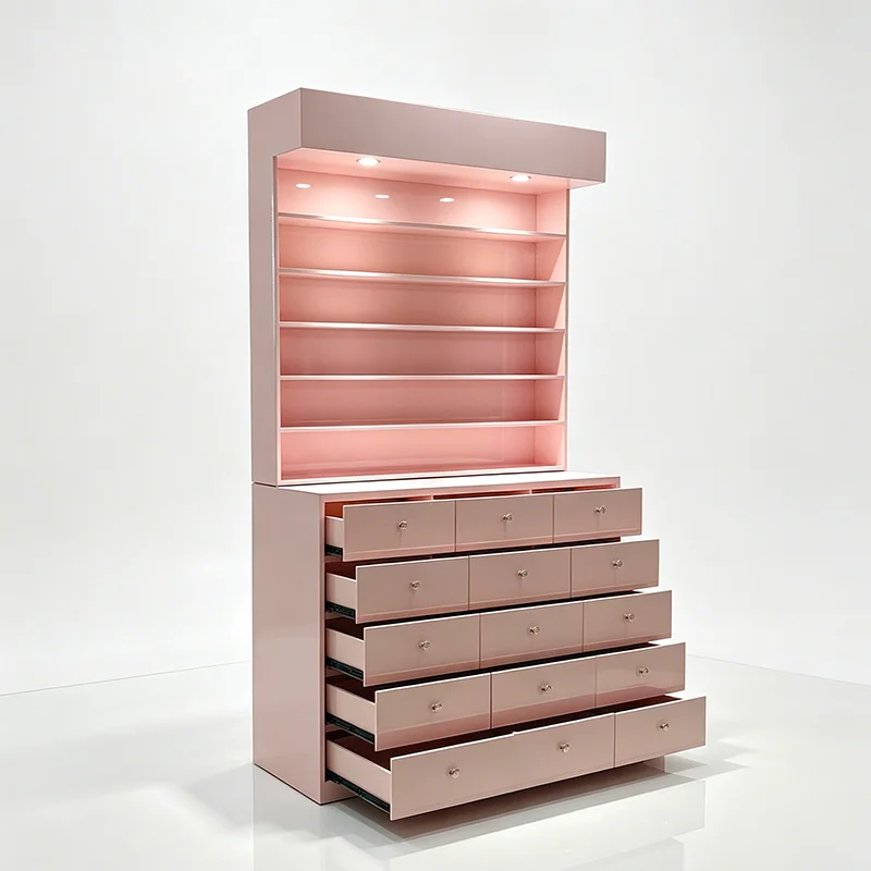 Beauty Shop Furniture Orange Wood Display Cabinet Modern Luxury Nail Polish Rack Salon Shelves With Storage Drawers And Lights view 6