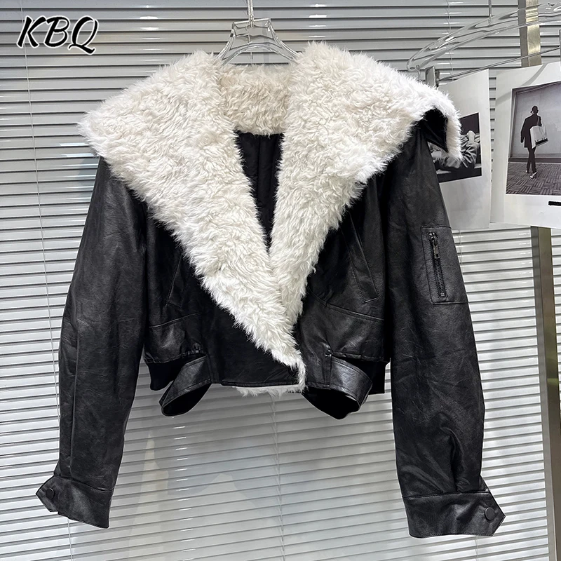 

KBQ Hit Color Spliced Feather Loose Jackets for Women Lapel Long Sleeve Patchwork Zipper Minimalist Chic Cats Female Fashion New