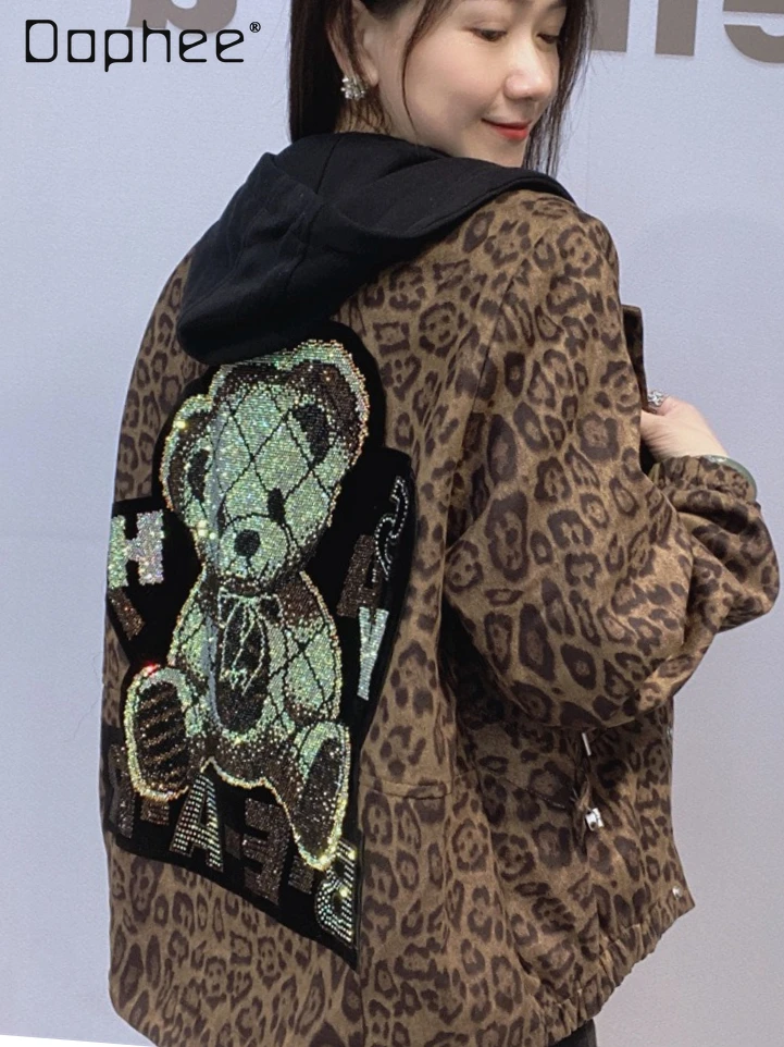 

Fashion Leopard Print Hooded Short Zipper Jacket for Women Trendy Heavy Rhinestone Cartoon Print Loose Slim Patchwork Jackets