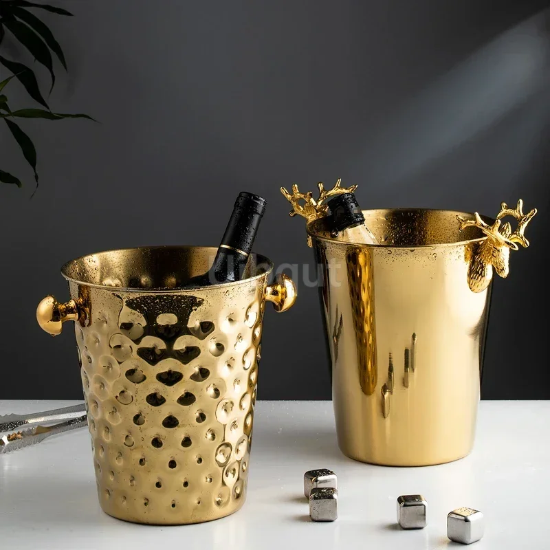 Fashionable and creative ice bucket Stainless steel golden hammer pattern ice bucket red wine champagne ice wine barrel