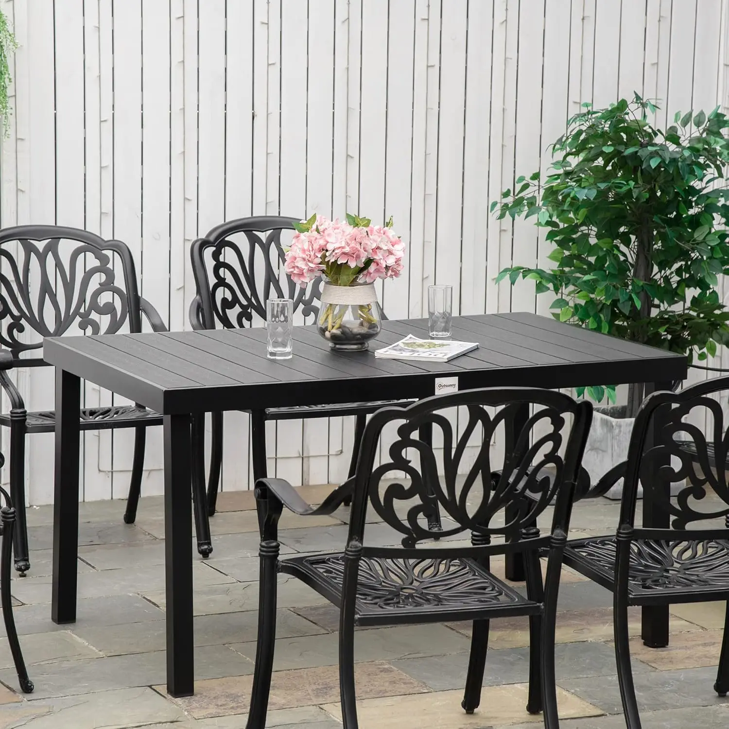 Table for 6 Person, Rectangular Patio Table, Aluminum Metal Legs for Garden, Lawn, Patio, Woodgrain Black