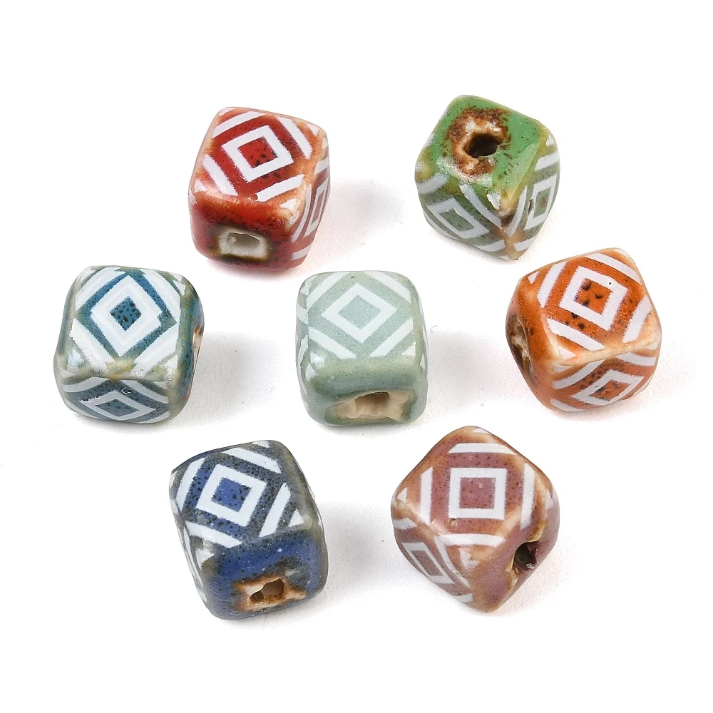 30pcs Geometric Square Ceramic Beads Ethnic Rhombus Pattern Cube Loose Beads for DIY Bracelet Necklace Bohemian Jewelry Making