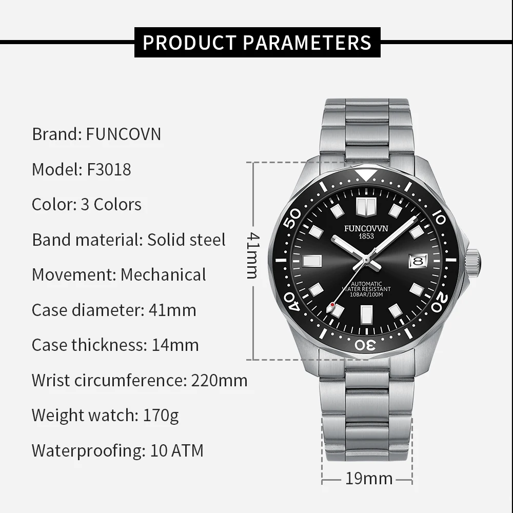 FUNCOVVN Automatic Mechanical Watch Male American Stainless Steel Scratch Proof Waterproof Diving Watch Business Leisure Watch