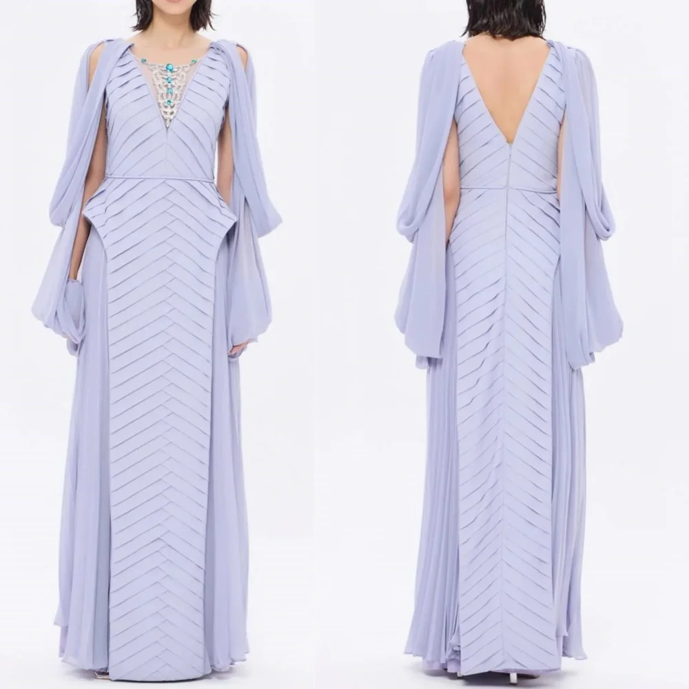 

Customized Intricate Matching Jersey Sequined Pleat A-line Scoop Neck Long Dresses Bespoke Occasion Elegant