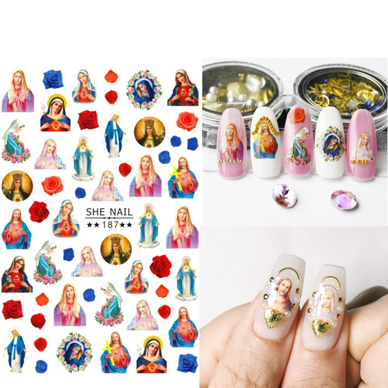 1Pc Virgin Mary Jesus Christ 3D Nail Angel Cupid Sticker Colorful Religious Series Self Adhesive Transfer Slider Decoration K169