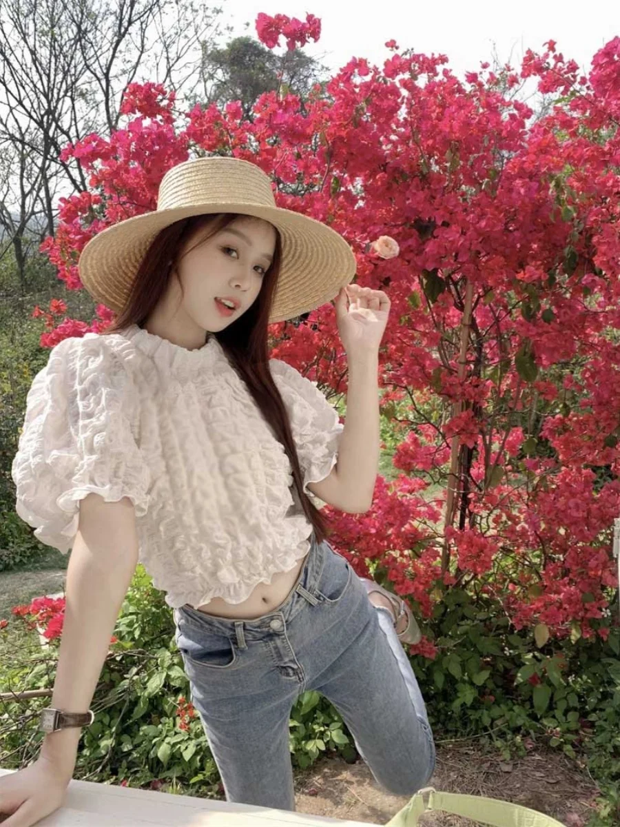 Modny Teksturowany Top Damski z Wysokim Stanem, Letni Top typu Bubble, Dopasowany Krój, Idealny do Dojazdów do Pracy