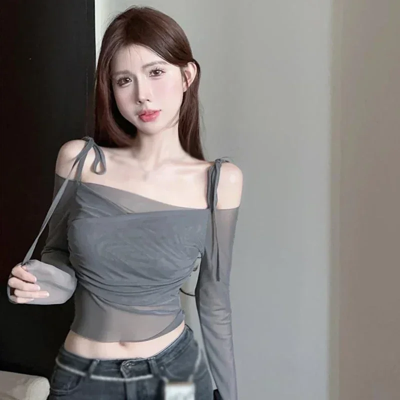 

2026 Mesh Sunscreen Women's T-shirt Off shoulder Strap Women's top French style