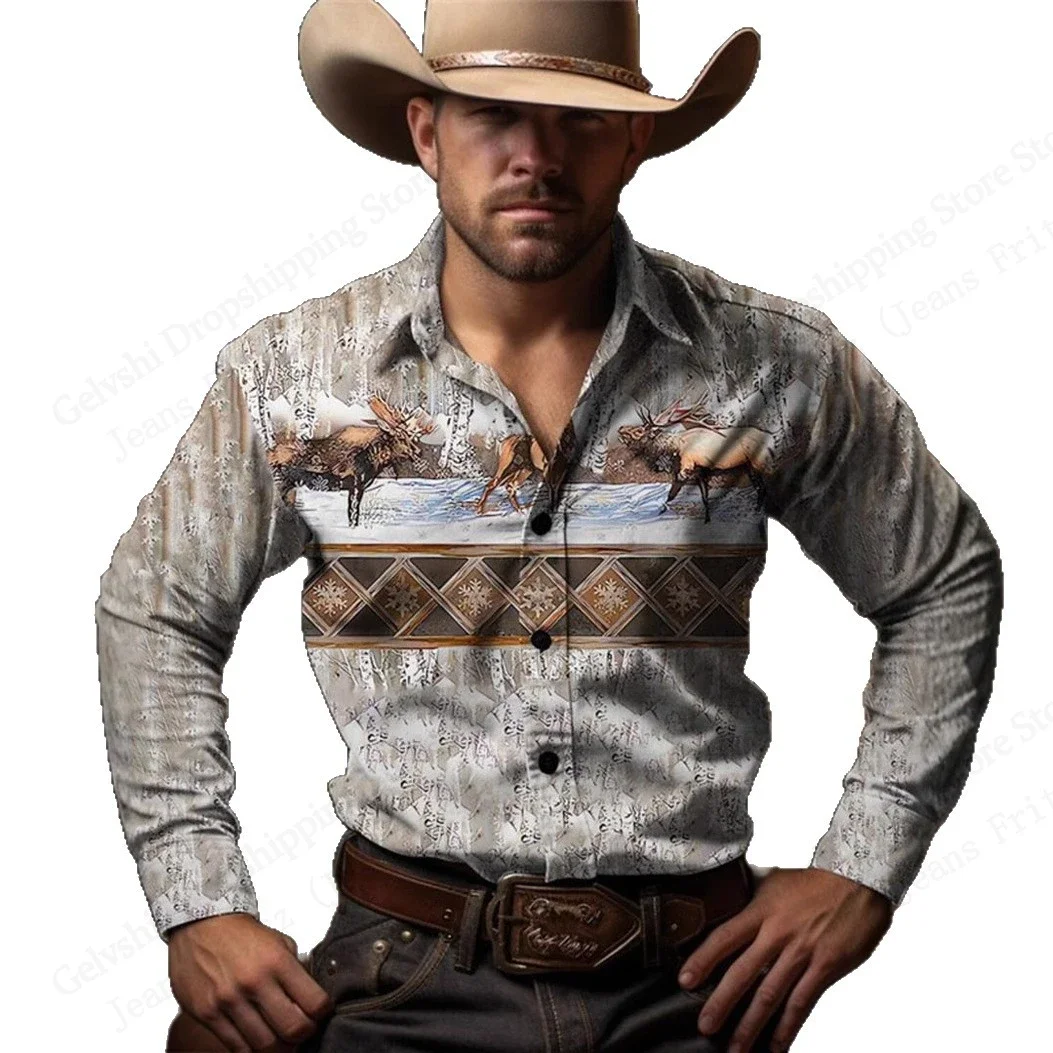 Men's long sleeve European retro western denim 3D printed shirt Men's fashionable casual business button shirt Outdoor top