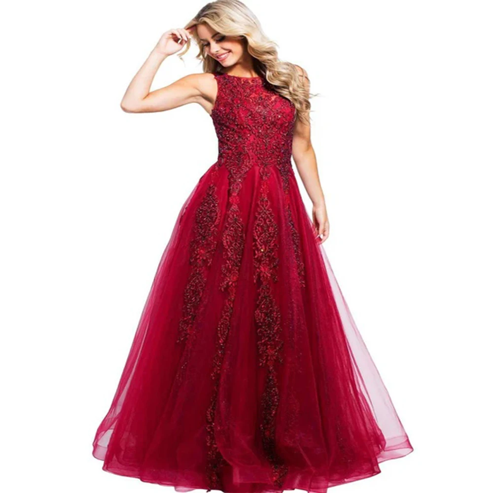 Vestido fu vermelho vestidos de noite tule para até o chão barco pescoço sem mangas vestido de baile apliques robes de soirée personalizado