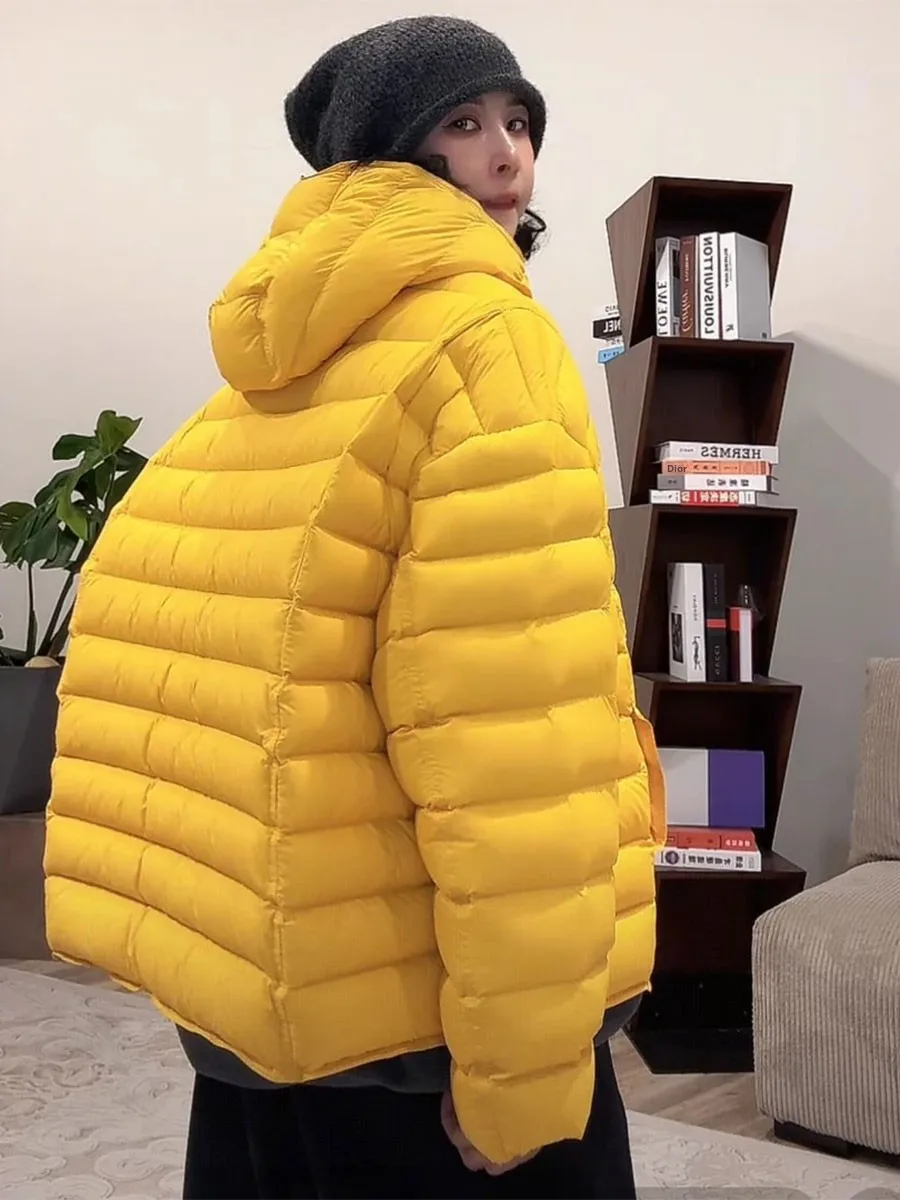 

Желтая женская модная легкая теплая короткая куртка из утиного пуха с капюшоном, повседневный стиль, утепленная пуховая куртка из белого утиного пуха, морозостойкая верхняя одежда
