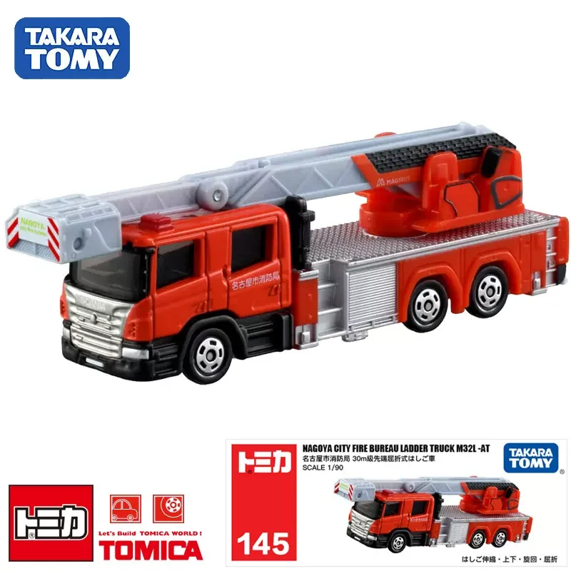 Original Takara Tomy 1/90 Scale Car Models Nagoya City Fire Bureau Ladder Truck M32L-AT Metal Diecast Toys for Boys Automobile