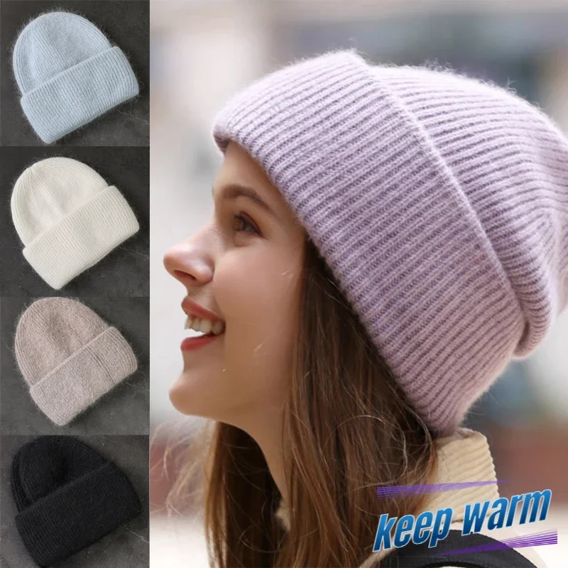 

2024 Soft Warm Angora Rabbit Fur Beanies Fluffy Winter Hat for Women M Knit Hat Skullies Beanies Female Bonnet Ladies Knit Cap