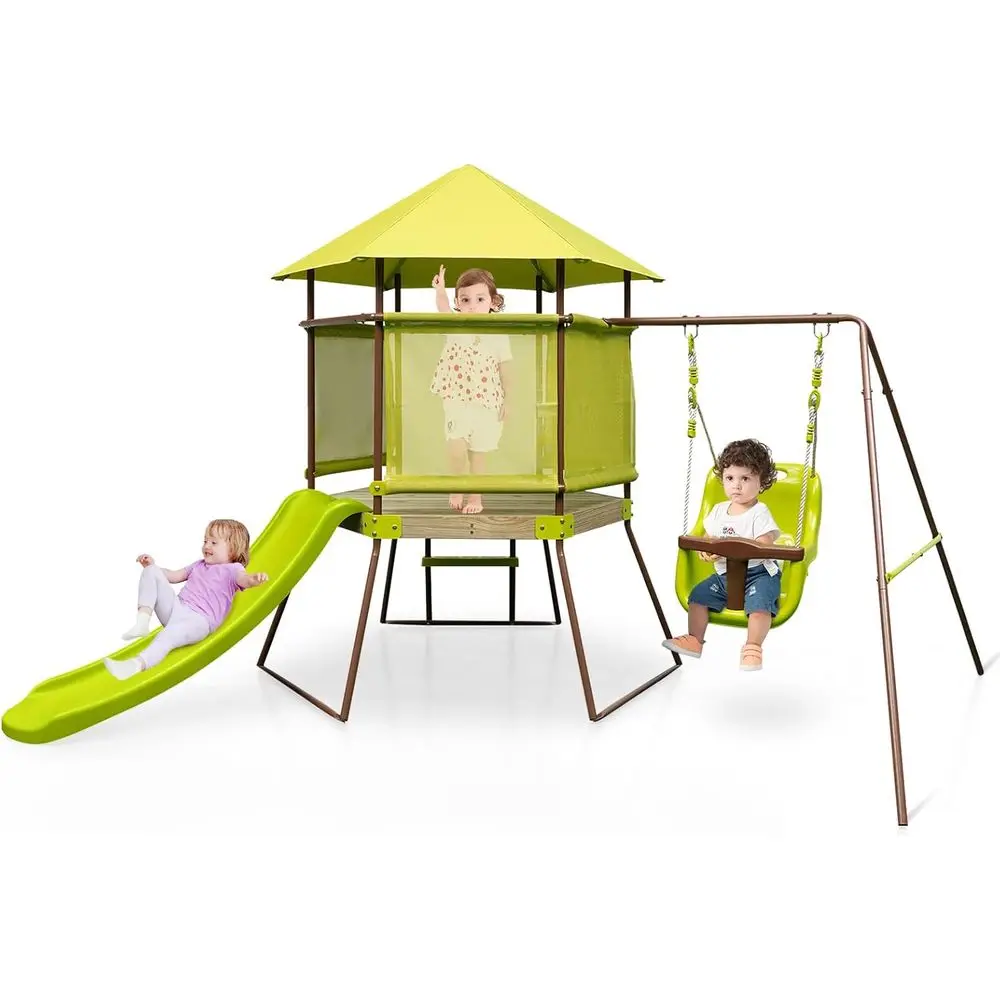 

All-in-One Metal Swing Set for Kids: Toddler Swing, Slide, Play Fort with Canopy