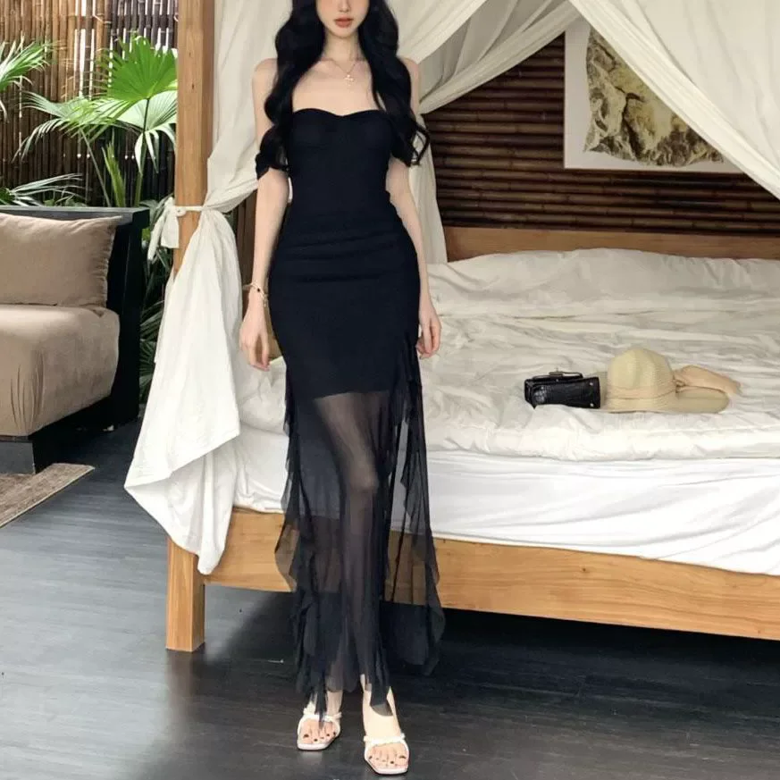 เดรสยาวทรงเมอร์เมดเข้ารูป ผ้าตาข่ายต่อผ้า คอร์เซ็ท สายเดี่ยว เปิดหลัง เซ็กซี่ จับจีบ ทรงเข้ารูป สไตล์วายทูเค สำหรับงานปาร์ตี้