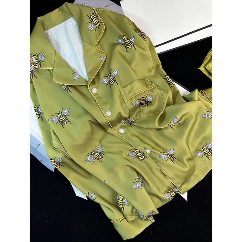 Printed Ice Silk Women's Spring/Summer Lightweight Long-Sleeve Pajamas With Long Pants And Cardigan—Relaxed-Style Loungewear Set