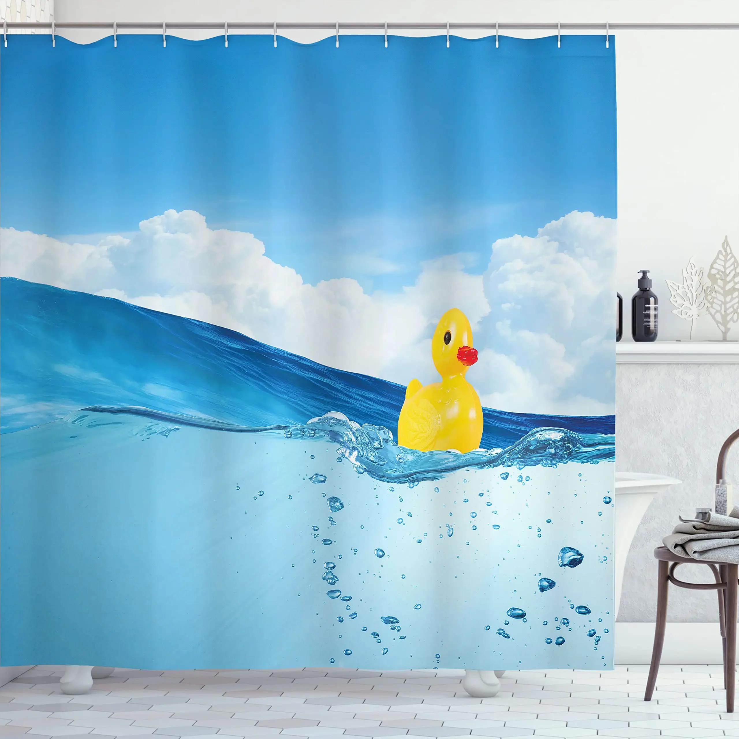

Rubber Duckling Shower Curtain Little Duckling Swimming In Pond Pool Sea Sunny Day Floating on Water Bathroom Decor with Hooks