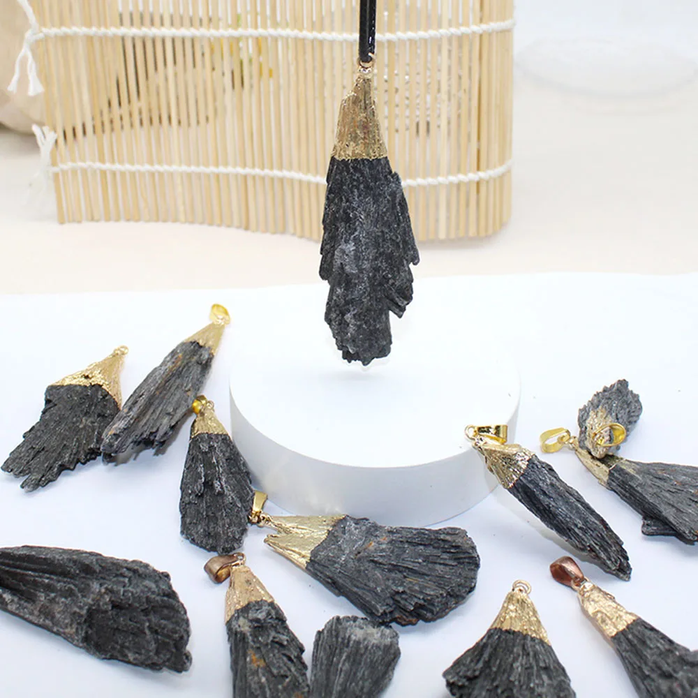 Natural Black Tourmaline Feather Shape Raw Stone Pendant with Gold Cap Wrapped Irregular Mineral Specimen