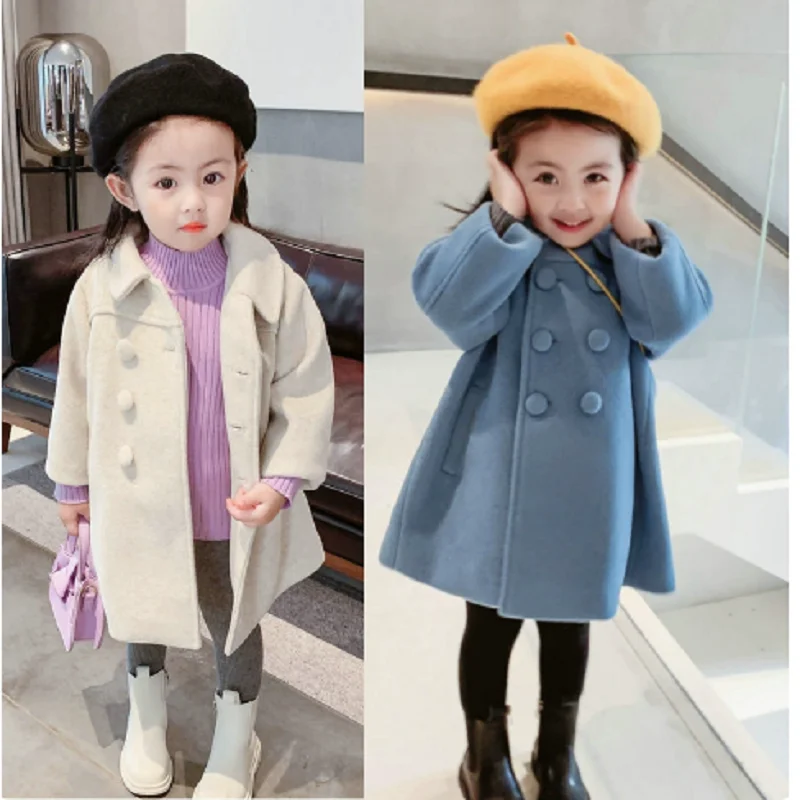 Double Breasted Girls Woolen Coats New Autumn Winter Trench Jacket Coat 2-6Yrs Children Clothes For Kids Outerwear Birthday Pres