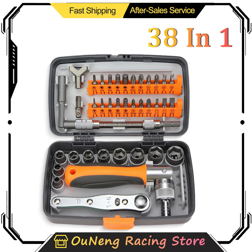 

Профессиональные трудосберегающие инструменты для обслуживания мотоциклов, велосипедов, ручной инструмент для быстрого обслуживания, 38 шт., набор отверток с храповым механизмом, рукава