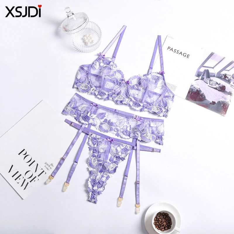 Exquisite Sexy Floral Lingerie Set Lace Transparent Bra Set Push-up Bra Thong Garter Belt 3PCS  Sexy Lingerie Underwear Set